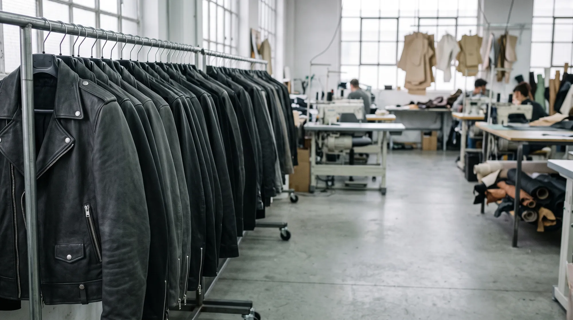 Finished leather jackets on a rail in the workshop
